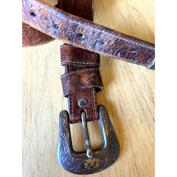 VTG 80s TOOLED LEATHER Western BELT L/XL Silver Buckle & Tip cowboy JUSTIN - Picture 6 of 16